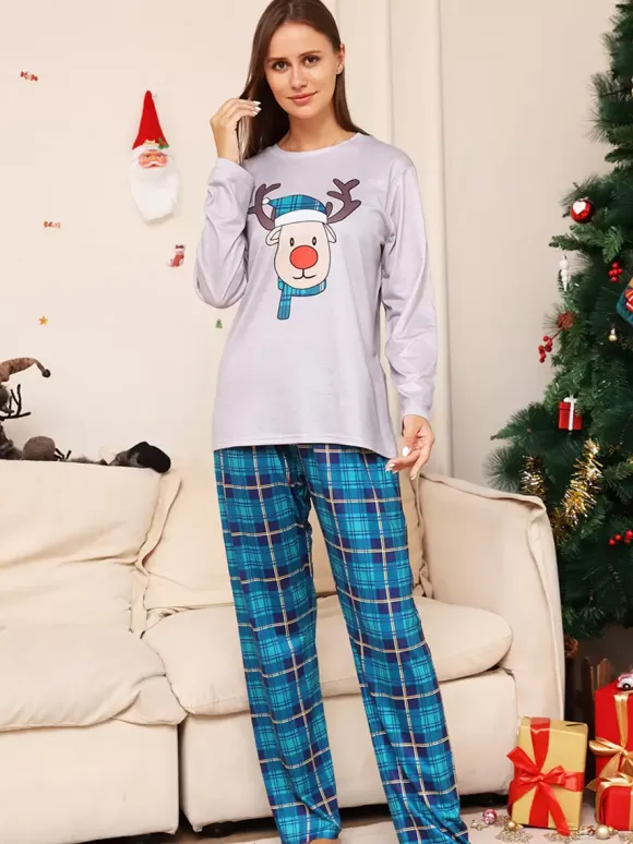 Blue Family Sweater Round Neck Long Sleeves Christmas Pattern Pajamas