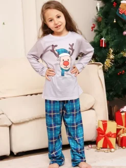Blue Family Sweater Round Neck Long Sleeves Christmas Pattern Pajamas