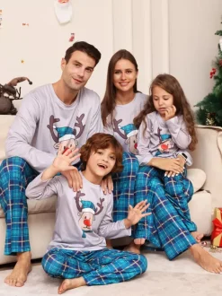Blue Family Sweater Round Neck Long Sleeves Christmas Pattern Pajamas