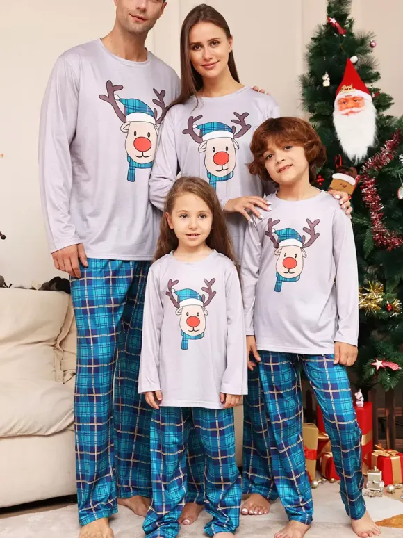 Blue Family Sweater Round Neck Long Sleeves Christmas Pattern Pajamas