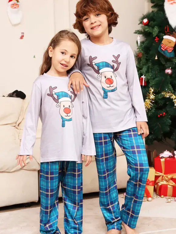 Blue Family Sweater Round Neck Long Sleeves Christmas Pattern Pajamas