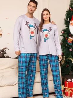 Blue Family Sweater Round Neck Long Sleeves Christmas Pattern Pajamas