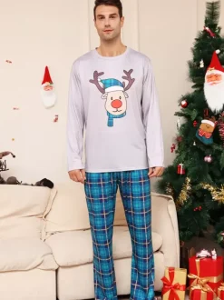 Blue Family Sweater Round Neck Long Sleeves Christmas Pattern Pajamas