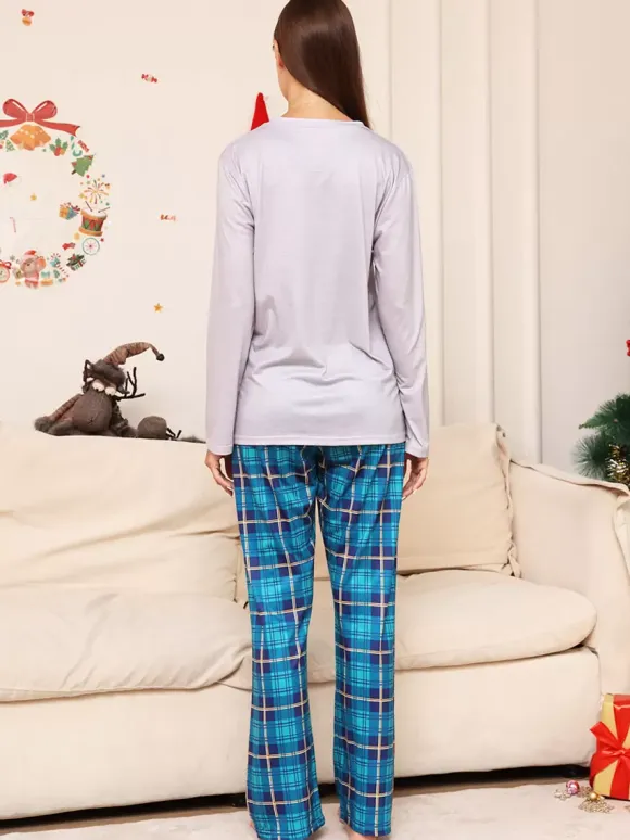 Blue Family Sweater Round Neck Long Sleeves Christmas Pattern Pajamas