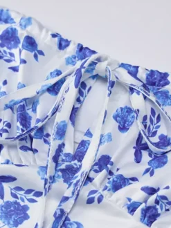 Blue Floral Cottagecore Slip Dress For Women - White Ruched Bust Bodycon Maxi Sundress - Summer Vacation 2026