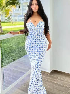 Blue Floral Cottagecore Slip Dress For Women - White Ruched Bust Bodycon Maxi Sundress - Summer Vacation 2026