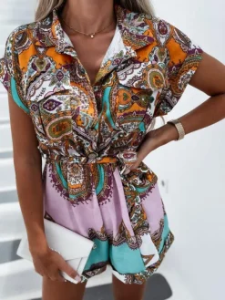 Blue Floral Print Turndown Collar Short Sleeves Lace Up Wide Summer One Piece Outfit