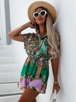 Blue Floral Print Turndown Collar Short Sleeves Lace Up Wide Summer One Piece Outfit