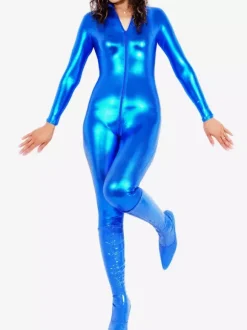 Blue Front Open Shiny Metallic Catsuit