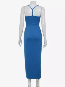 Blue High Slit Cami Maxi Dress For Women - Sexy Spaghetti Strap Bodycon Sundress - Summer Beach Vacation 2026