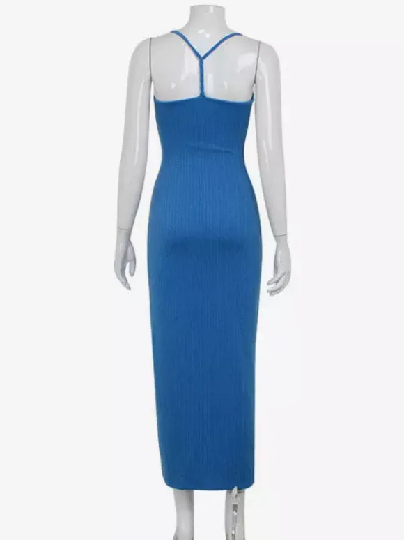 Blue High Slit Cami Maxi Dress For Women - Sexy Spaghetti Strap Bodycon Sundress - Summer Beach Vacation 2026