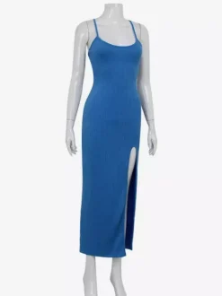 Blue High Slit Cami Maxi Dress For Women - Sexy Spaghetti Strap Bodycon Sundress - Summer Beach Vacation 2026