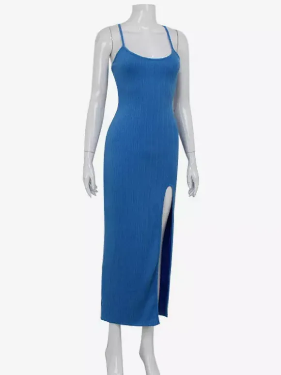 Blue High Slit Cami Maxi Dress For Women - Sexy Spaghetti Strap Bodycon Sundress - Summer Beach Vacation 2026