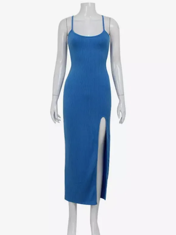 Blue High Slit Cami Maxi Dress For Women - Sexy Spaghetti Strap Bodycon Sundress - Summer Beach Vacation 2026