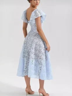 Blue Lace Dress Butterfly Sleeve Sweetheart Neckline Birthday Party A-line Sheer Midi Dress For Women 2026