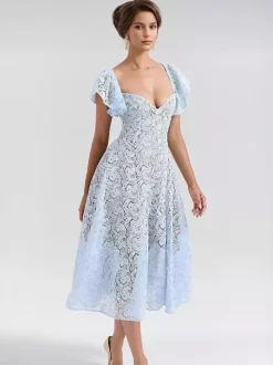 Blue Lace Dress Butterfly Sleeve Sweetheart Neckline Birthday Party A-line Sheer Midi Dress For Women 2026
