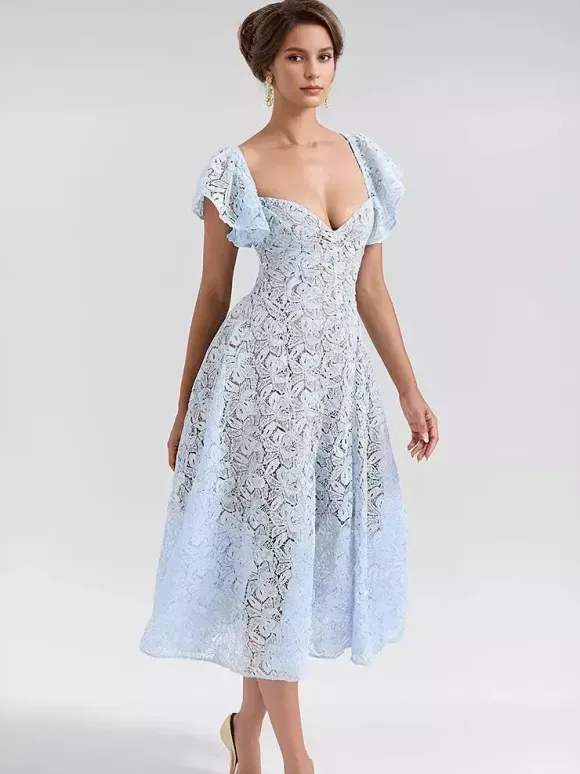 Blue Lace Dress Butterfly Sleeve Sweetheart Neckline Birthday Party A-line Sheer Midi Dress For Women 2026