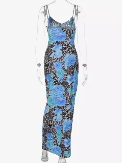 Blue Leopard Print Strapless Maxi Dress For Women Bold Street Style