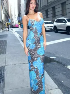 Blue Leopard Print Strapless Maxi Dress For Women Bold Street Style