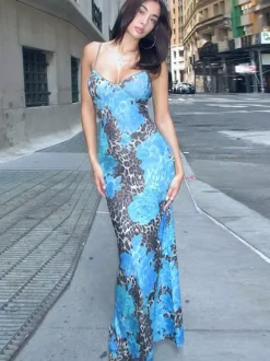 Blue Leopard Print Strapless Maxi Dress For Women Bold Street Style