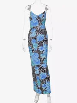 Blue Leopard Print Strapless Maxi Dress For Women Bold Street Style