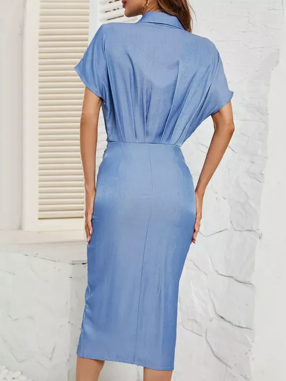 Blue Midi Shirt Dress With Belted Waist And Batwing Sleeves 2026