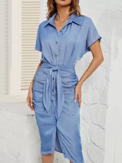 Blue Midi Shirt Dress With Belted Waist And Batwing Sleeves 2026