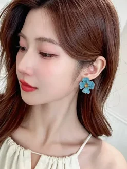 Blue Paved Crystal 3D Flower Stud Earrings Gold Center Floral Statement Earrings