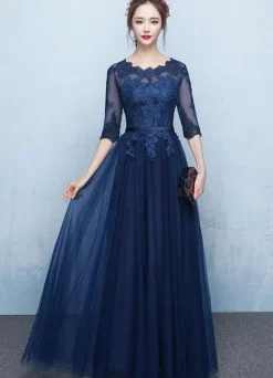 Blue Prom Dress 2026 Long Lace Applique Evening Dress Tulle Dark Navy Sash Floor Length Party Dress wedding guest dress