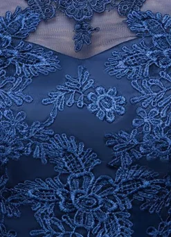 Blue Prom Dress 2026 Long Lace Applique Evening Dress Tulle Dark Navy Sash Floor Length Party Dress wedding guest dress