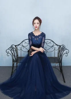 Blue Prom Dress 2026 Long Lace Applique Evening Dress Tulle Dark Navy Sash Floor Length Party Dress wedding guest dress