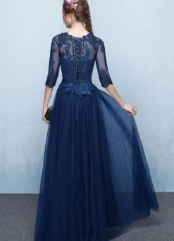 Blue Prom Dress 2026 Long Lace Applique Evening Dress Tulle Dark Navy Sash Floor Length Party Dress wedding guest dress