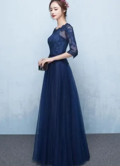 Blue Prom Dress 2026 Long Lace Applique Evening Dress Tulle Dark Navy Sash Floor Length Party Dress wedding guest dress