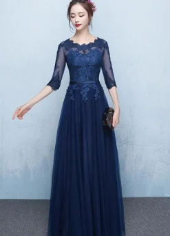 Blue Prom Dress 2026 Long Lace Applique Evening Dress Tulle Dark Navy Sash Floor Length Party Dress wedding guest dress