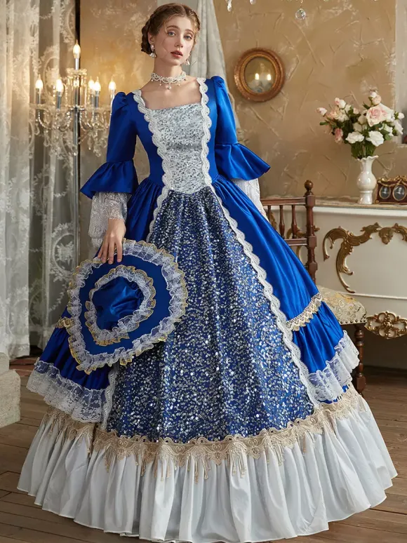 Blue Retro Costumes Polyester Marie Antoinette Costume Dress Women's Euro-Style Party Prom Dress