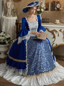 Blue Retro Costumes Polyester Marie Antoinette Costume Dress Women's Euro-Style Party Prom Dress