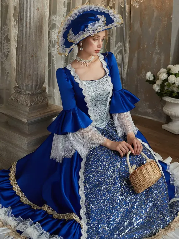 Blue Retro Costumes Polyester Marie Antoinette Costume Dress Women's Euro-Style Party Prom Dress