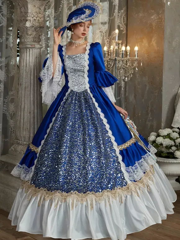 Blue Retro Costumes Polyester Marie Antoinette Costume Dress Women's Euro-Style Party Prom Dress