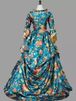 Blue Retro Tudor Dress Costumes Women's Marie Antoinette Costume Floral Print Ruffles Lace Polyester Tunic Dress Retro Vintage Clothing