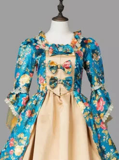 Blue Retro Tudor Dress Costumes Women's Marie Antoinette Costume Floral Print Ruffles Lace Polyester Tunic Dress Retro Vintage Clothing