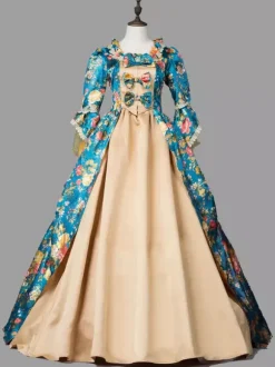 Blue Retro Tudor Dress Costumes Women's Marie Antoinette Costume Floral Print Ruffles Lace Polyester Tunic Dress Retro Vintage Clothing