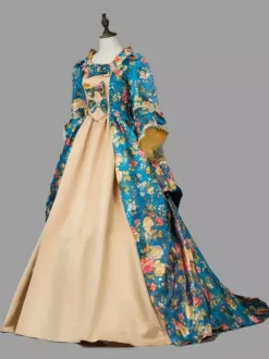 Blue Retro Tudor Dress Costumes Women's Marie Antoinette Costume Floral Print Ruffles Lace Polyester Tunic Dress Retro Vintage Clothing