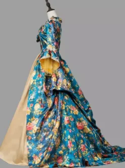 Blue Retro Tudor Dress Costumes Women's Marie Antoinette Costume Floral Print Ruffles Lace Polyester Tunic Dress Retro Vintage Clothing