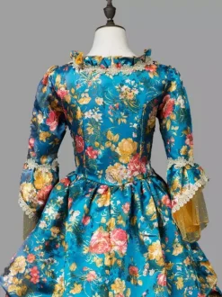 Blue Retro Tudor Dress Costumes Women's Marie Antoinette Costume Floral Print Ruffles Lace Polyester Tunic Dress Retro Vintage Clothing