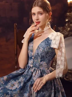 Blue Retro Tudor Dress Costumes Women's Lace Bows Polyester Dress Renaissance Marie Antoinette Costume 18th Century Costume
