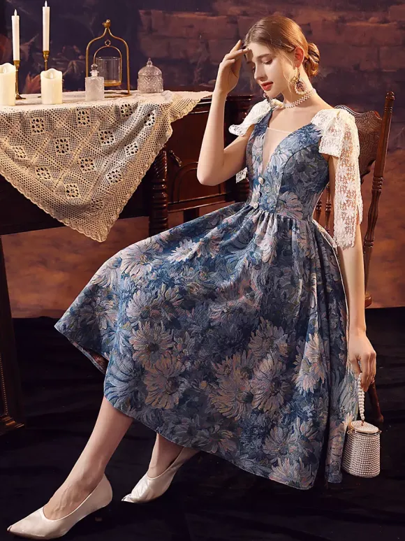 Blue Retro Tudor Dress Costumes Women's Lace Bows Polyester Dress Renaissance Marie Antoinette Costume 18th Century Costume