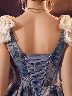 Blue Retro Tudor Dress Costumes Women's Lace Bows Polyester Dress Renaissance Marie Antoinette Costume 18th Century Costume