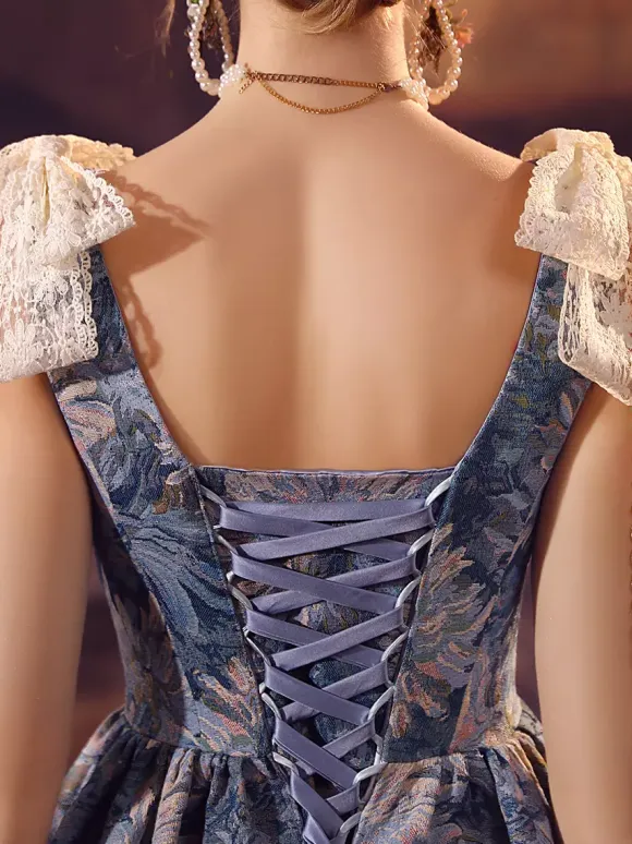 Blue Retro Tudor Dress Costumes Women's Lace Bows Polyester Dress Renaissance Marie Antoinette Costume 18th Century Costume