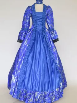 Blue Retro Tudor Dress Costumes Lace Up Satin Fabric Floral Print Choker Marie Antoinette Costume Women's Gothic Set Vintage Clothing