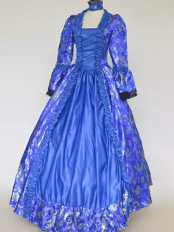 Blue Retro Tudor Dress Costumes Lace Up Satin Fabric Floral Print Choker Marie Antoinette Costume Women's Gothic Set Vintage Clothing